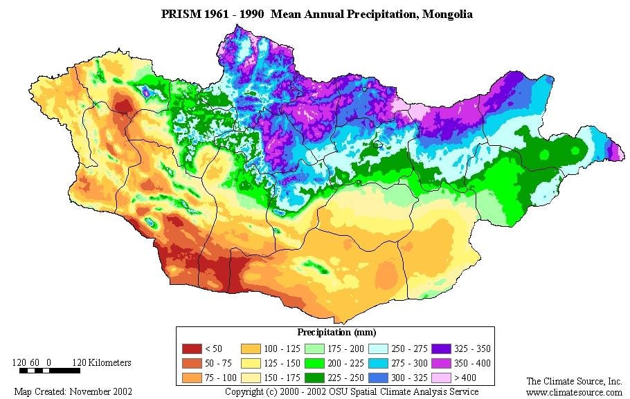 რუკა მონღოლეთის მოსახლეობის სიმჭიდროვე